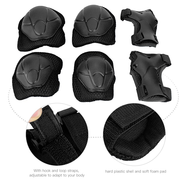 6 st Barn Skyddsutrustning Skydd Skateboard Handled Armbåge Knäskydd Set (Svart)