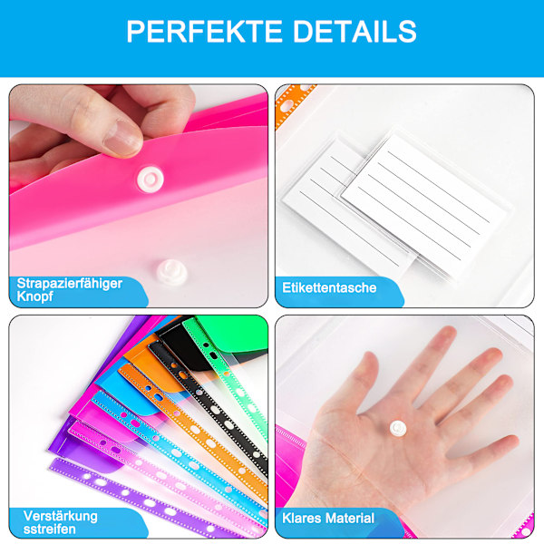 A4 Dokumentmappe, Pakke med 12, Premium Transparent Dokumentmappe, Plastik med Trykknap, Udvidbar Vandafvisende Dokumentmappe, 6 Farver