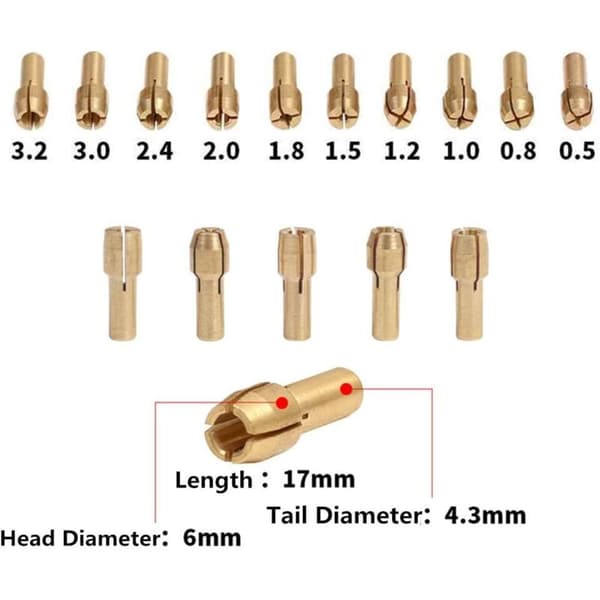 10 stk. Præcisionsmessingpatroner 0,5-3,2 mm til Dremel boremaskine, elektrisk