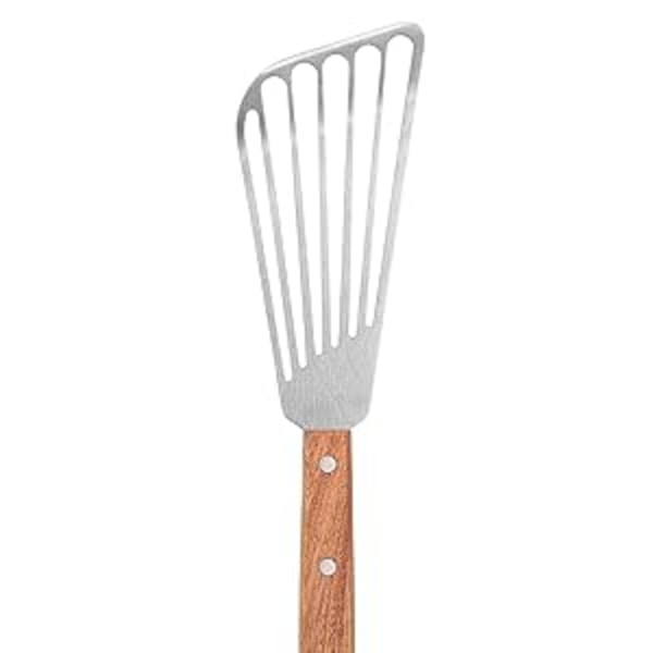Värmebeständig stekspade i rostfritt stål, trähandtag för förbättrat grepp, designad för mångsidighet och hållbarhet i professionella kök