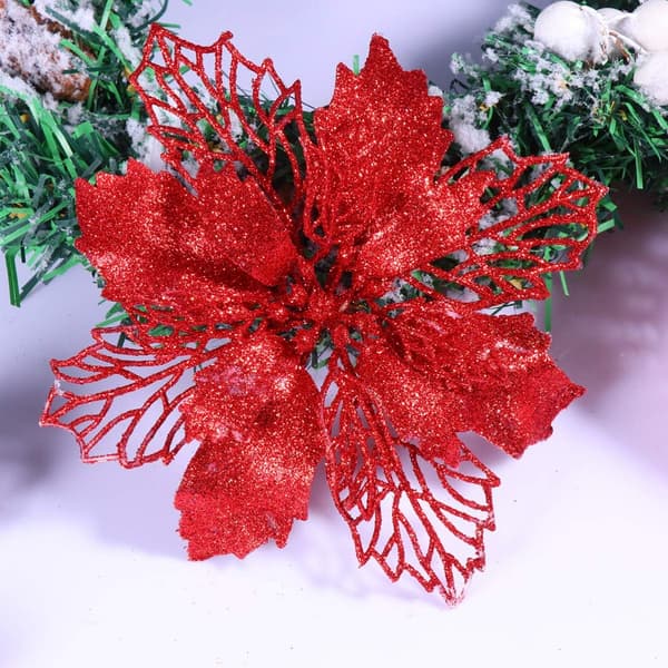 12 stk. Julepynt Glitter Julestjerne Julepynt Trepynt Kunstige Juleblomster Dekor til Jul Rot