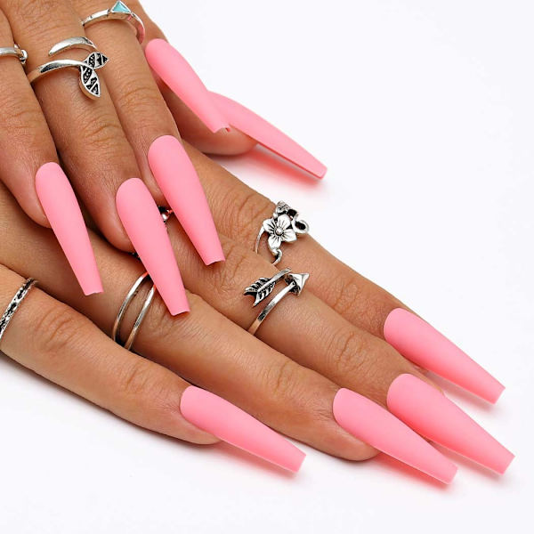 Super Lange Matte Tryk-På Negle Kiste Ballerina Solid Falske Negle Akryl Kunstige Negle Falske Negle Spidser til Kvinder og Piger 24Pcs (Hvid)