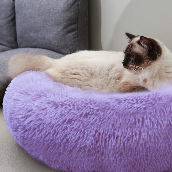 Rund Hundekurv til Kat Hvalp Kæledyr Blød Plys Sofa Pude Hvalp Sove Rede Lilla M-60cm