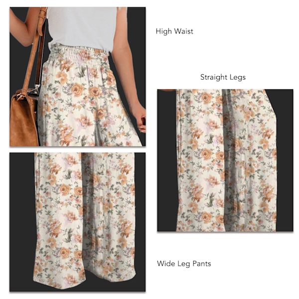 Orange Blommor XL Midje Byxor Kvinnor Casual Slacks Bred Rak Ben Elastisk Midja Byxor Lös Stil