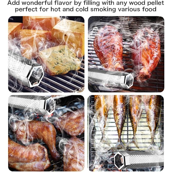 Sekskantet Pellet Røykerør, BBQ Vedpellet Røykerør i Rustfritt Stål, For Enhver Grill Eller Røyker, Massive Diffusjonshull, Opptil 5 Timer