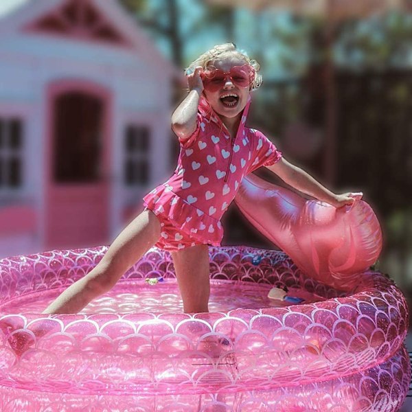 Rosaröd Sjöjungfru Pool Float, Genomskinlig Barnpool med Mjukt Uppblåsbart Golv för Barn, Miljövänligt Material för Inomhus Och