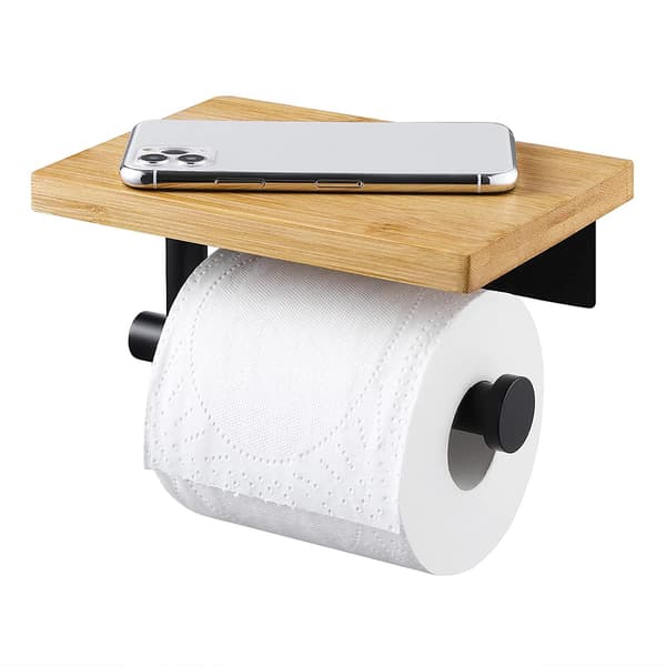 Toalettpapirholder med hylle Bambus Baderullholder Rustfritt
