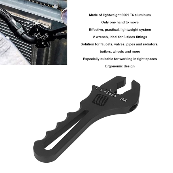 Justerbar lett aluminiumsnøkkel for slangetilkobling AN3‑AN16, svart