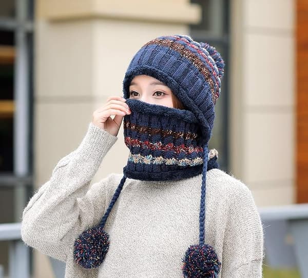 Marinblå hatt+scarf set dam stickad hatt scarf set vinter varm