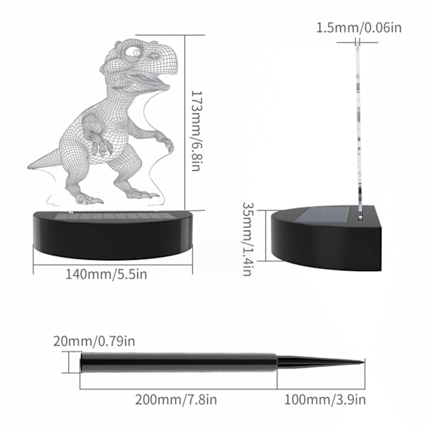 Solcells-dinosaurielampa Dekor 3D Akryl RGB Färgglad Gradient Dinosaurie Nattlampa för Utomhusträdgård
