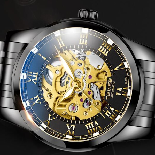 Klockor Watch Automatisk Mekanisk Armbandsur |Läderband |Gyllene urverk |45mm Skeletturtavla |Vatten- och reptålig |Elegant present