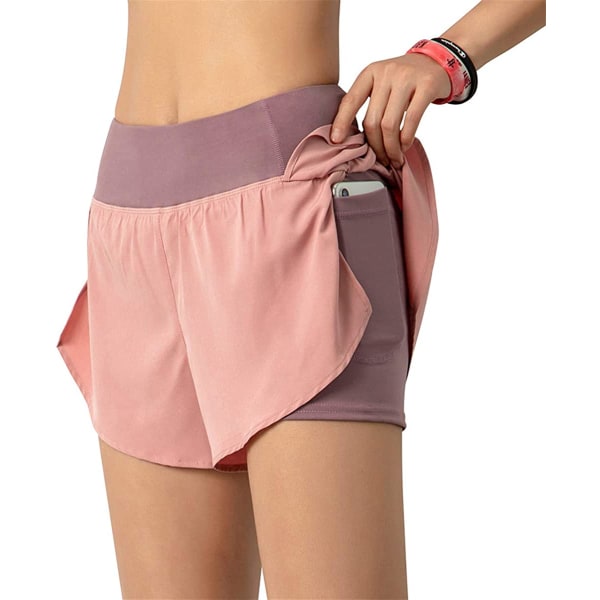 Kvinnors löparshorts 2 i 1 yogashorts med telefonficka dubbla