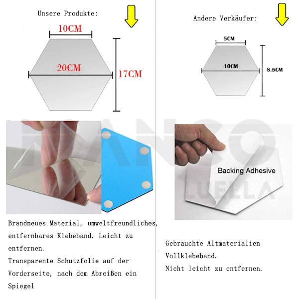 Sett med 12 selvklebende hexagonale akrylvegg speil