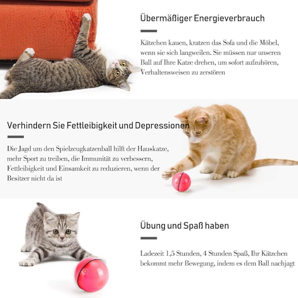 Katt leksak, leksaksboll med LED-ljus, 360 graders automatisk rotation och USB-laddning interaktiv katt leksak, för husdjur hundar kattungar (röd)