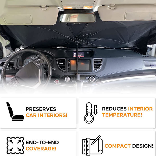 Foldbar solskjerm for bilfrontrute som blokkerer ultrafiolette stråler, holder bilen kjølig og unngår skader