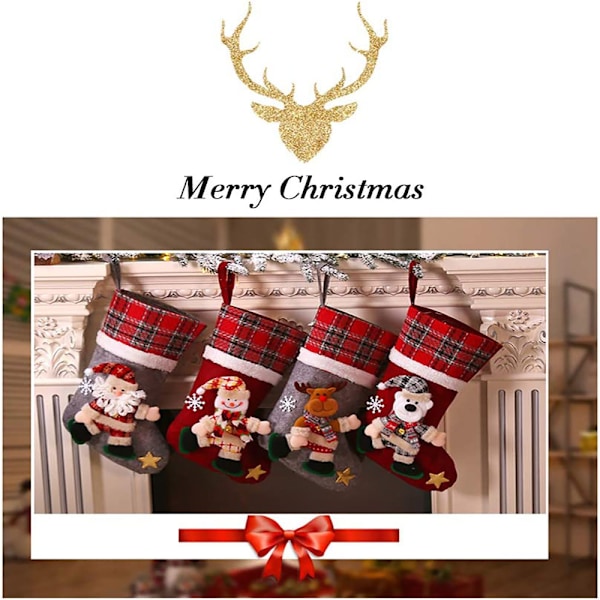 Strumpeband av linne för jul, rustika 3D-jultomtedekorationer, 3 stycken högkvalitativa tygstrumpor med robusta hängöglor för julglädje