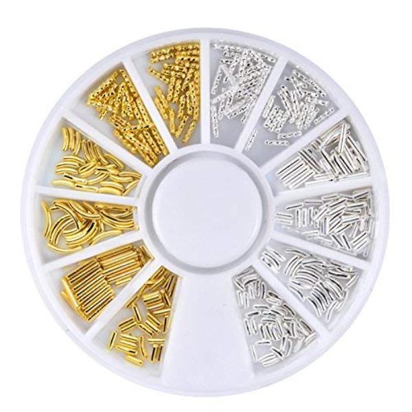 1 box blandat guld silver metall stavar Nail Art dekorationer 3D dubbar Nail Art Rhinestones 12 Typ In Wheel Rak Kurv Design Charm Nails Art DIY