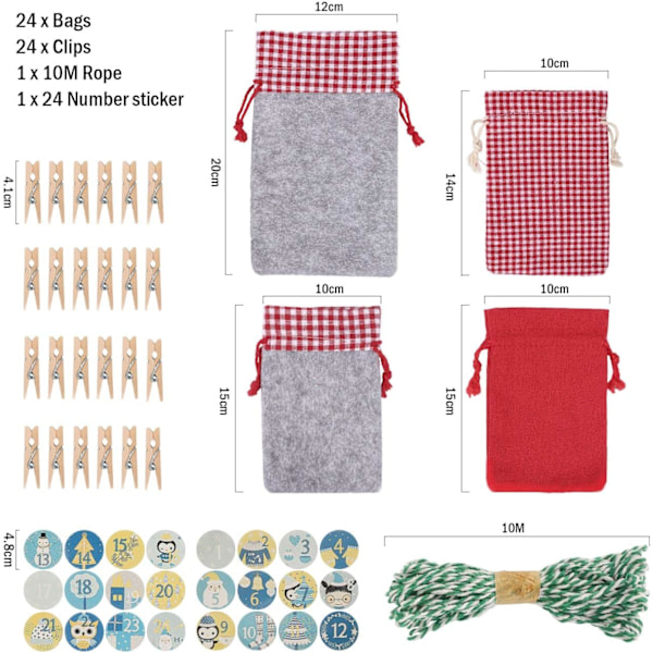 Julnedräkningspåsar, dragskopåsar för hållbar material adventskalender, kreativ nedräkningsceremoni idealisk för hemfestdekoration (24