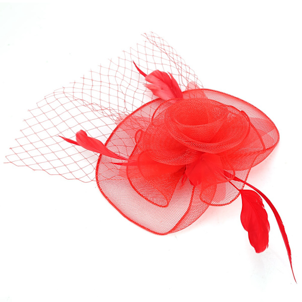 Röd dam slöja hatt bröllop brud fågelbur fascinator fjäder hår accessoar