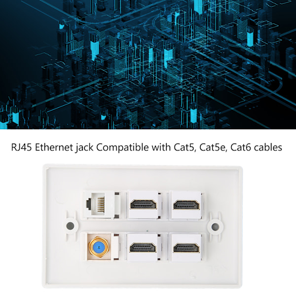 Vægplade med 6 porte HD Multimedia Interface CAT6 TV F-stik Ethernet vægplade til hjemmet eller kontoret