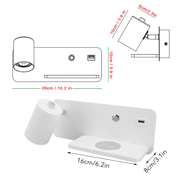 LED Vegglampe USB-grensesnitt Trådløs lading LED Vegglampe for stue Soverom 85‑265V Hvit Venstre