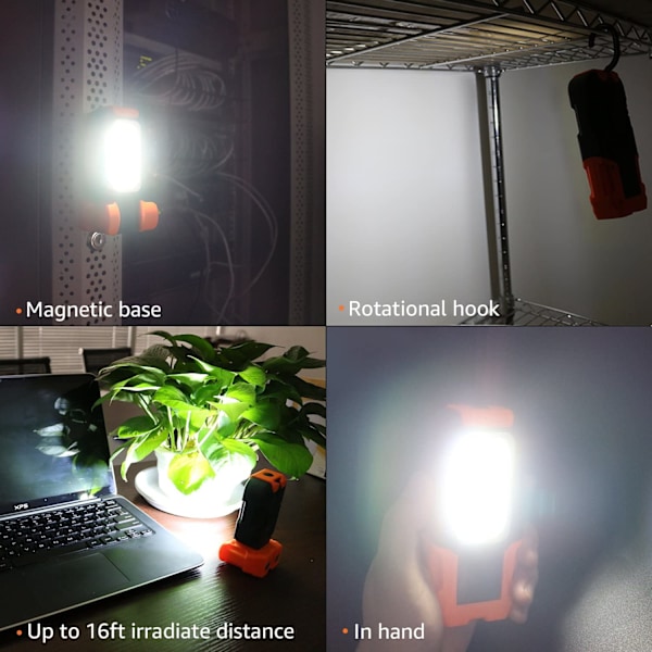 Portabel arbetslampa med dubbla LED-ljusstyrkor, vridbar krok med COB-teknik, vattentålig IP54, uppladdningsbart litiumjonbatteri för camping, fiske,
