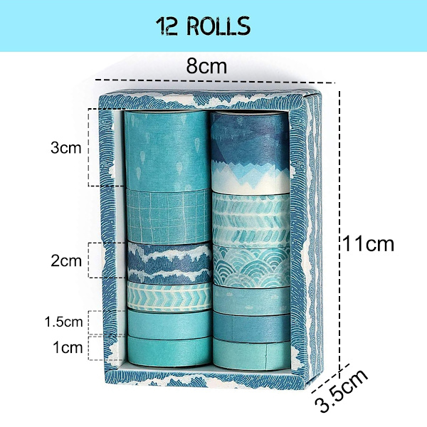 Washi Tape Set med 12 rullar, Blå Havsvåg Dekorativ Washi