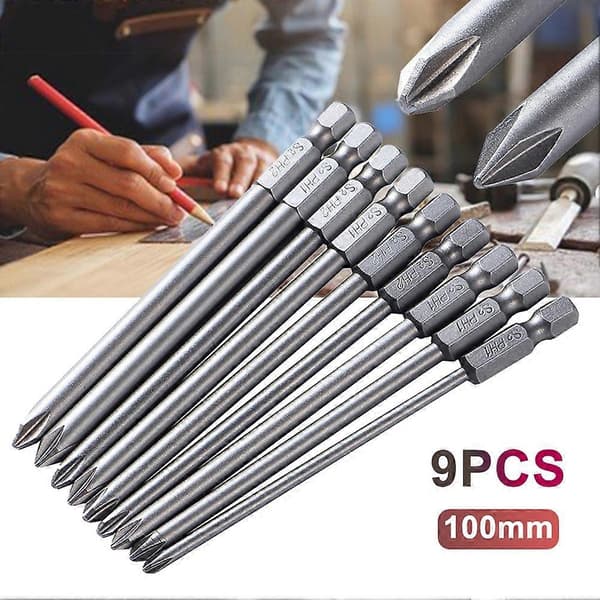 9 stk S2 stål 100 mm 1/4 tomme sekskant magnetisk PH1 PH2 krysshode skrutrekkerbitssett