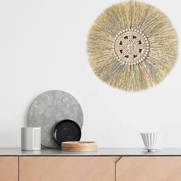 Boho Handgjord Vävd Halm Väggdekor Marockanska Träpärlor Väggbonad Ornament Rund Heminredning