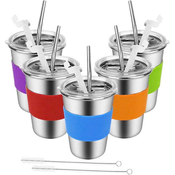 Återanvändbara muggar i rostfritt stål, läckagesäkra lock säkerställer inget spill, lättrengjord design, idealisk för hem, skola och utomhusaktiviteter, 5-pack, 350 ml