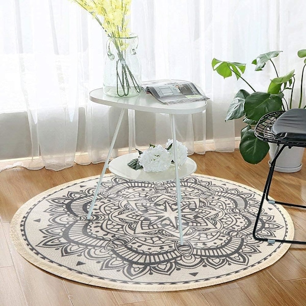 Vintage Pyöreä Matto 90cm Puuvillamatto Pyöreä Pestävä Matto Mandala Tupsuilla Käsin Kudottu Iso Matto Olohuoneeseen, Makuuhuoneeseen
