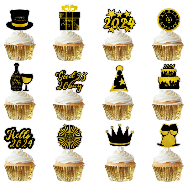12 Styk Happy New Year Cupcake Toppers, 2024 Fest