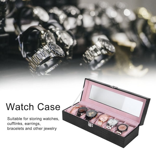 6-fack klocklåda PU-läder rektangulär armbandsur displayfodral arrangör present svart