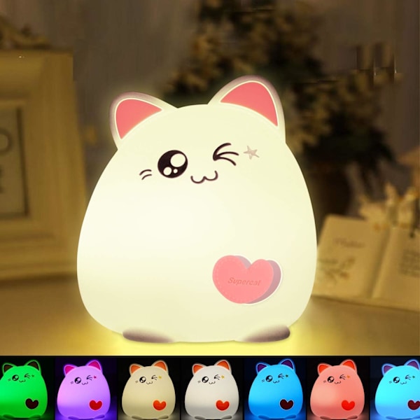 Bedårande Söt Kattlampa, BPA-fri, Portabel 7 Färger LED Silikon Liten Kattlampa Fjärrkontroll, Tryckkontroll för Bebisar Barn Pojkar Flickor Födelsedag