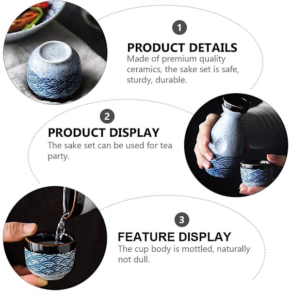 Sake Set med Japansk Kulturdesign, Mikrovågsugns- och Diskmaskinssäker Keramik med Ugnsväxling, Inkluderar 4 Koppar och 1 Serveringskaraff i Klassisk Stil, Idealisk