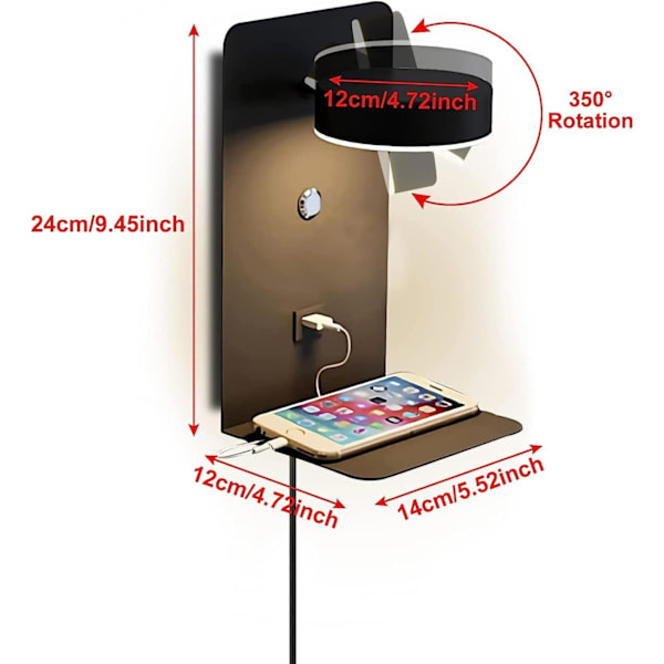 2 st LED dimbar vägglampa inomhus med strömbrytare och USB-gränssnitt, 12W sänglampa trefärgad läslampa justerbar 330°