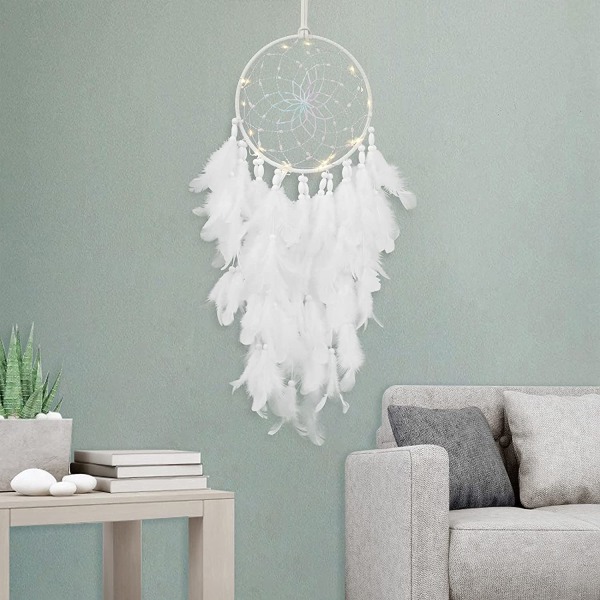 LED Drømmekatcher Væghængning Hvid Fjer Perle Boho Vævet Kunst