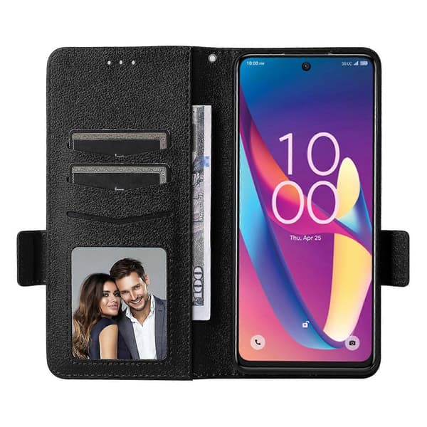 Til TCL 50 XL 5G Etui Læder Litchi Tekstur Kortholder Foldbart Stand Cover - Grå Black