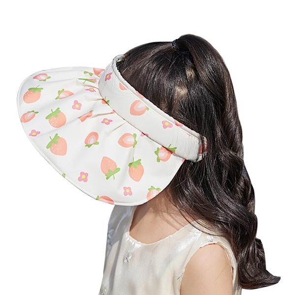 Solhatt for barn, rullbar solskjerm, polka-dot og frukttrykk