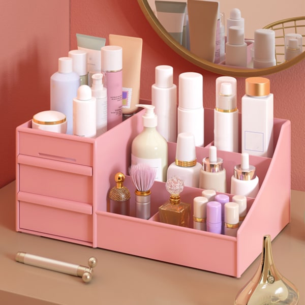 Pink Makeup Opbevaringskasse i Plastik 26,5x16x12cm Kosmetik Skuffe Opbevaringsboks Multifunktionel Opbevarings Skuffer til Badeværelsesbord