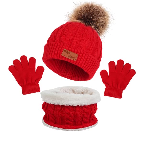 1 sæt børns vinter tredelte hat, halstørklæde, handsker, tredelt efterår og vinter enkelt kugle babyhat