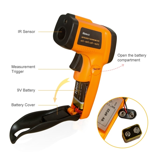 Infrarødt termometer, kontaktløst laser infrarødt termometer fra -50°C til 550°C, bakgrunnsbelyst LCD-skjerm (ikke for mennesker)