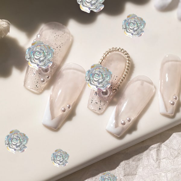Nail Art 3D Resin Vit Ros Blomdesign Aurora Kronblad Nagel
