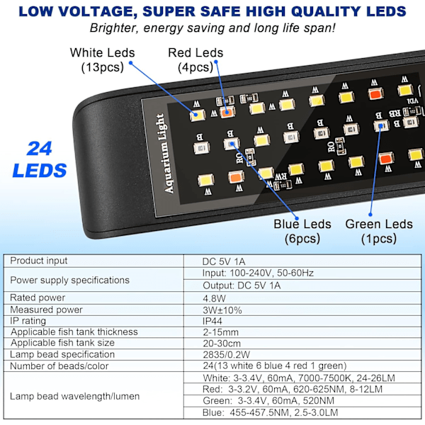 Lumière LED til akvarium, fiskeakvarielygte, plantelys (4.8W, sort)