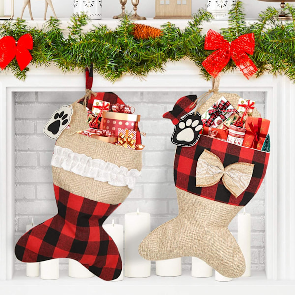 Personlige Julestrømper til Hund, Buffalo Plaid Sækkelærred Stort Knogleformet Design, Til Juletræspynt, Behagelig at Røre Ved