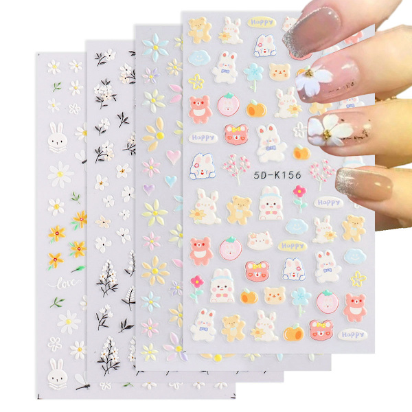 Blommig Nail Art Decal 5D Relief Nail Decal Spring Daisies Nail Art Design Självhäftande Nail Decal Feminin nageldekoration