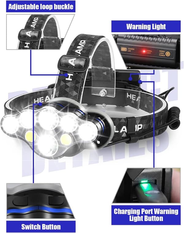 Laderbar hodelykt, Super Lumen 18000, 8 LED lysmoduser, Powe