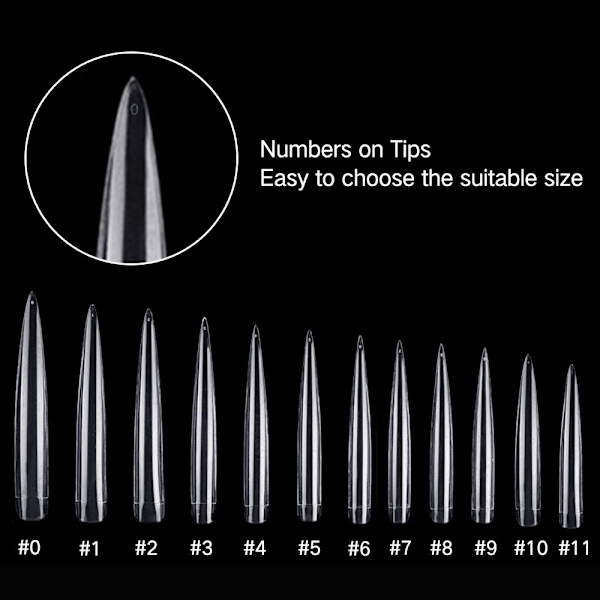 120 stk. Stiletto Ekstra Lange Spidse Falske Negletips Akryl Falske Negle til DIY Neglesaloner, 12 Størrelser