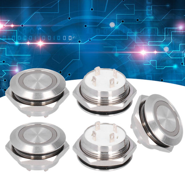 5 stk. Momentane Trykknapsbrytere Metal Auto Reset Ultra Tynd Vandtæt med LED 19mmDC3~6V Gul