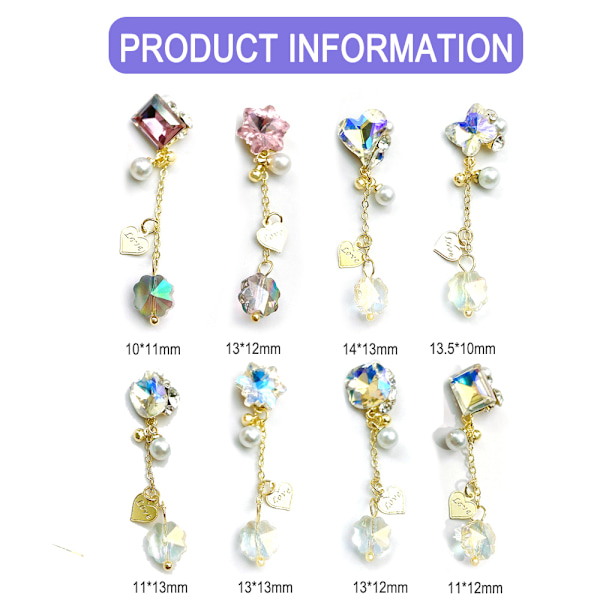 8 stk. Neglecharms Metal Alloy 3D Neglediamanter Rhinestone Krystal Neglesøm Manicure Smykker til Håndværk DIY Neglekunst Vedhæng